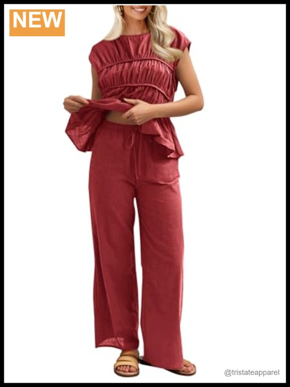 2 Piece Linen Cotton Pants Set Peplum Top Vacation Lounge Outfit